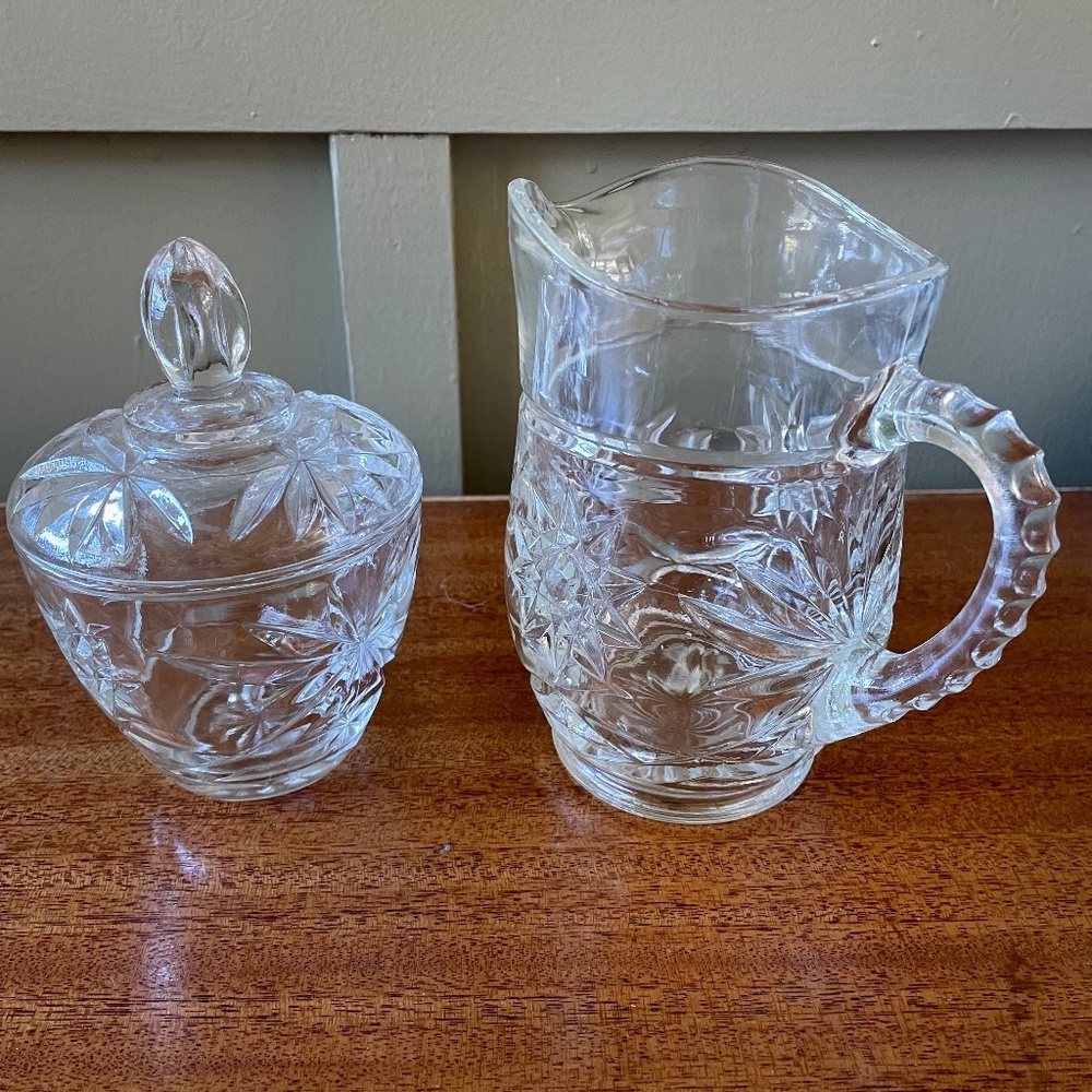 Vintage Anchor Hocking Lidded Sugar Bowl  & Creamer Set Pressed Glass